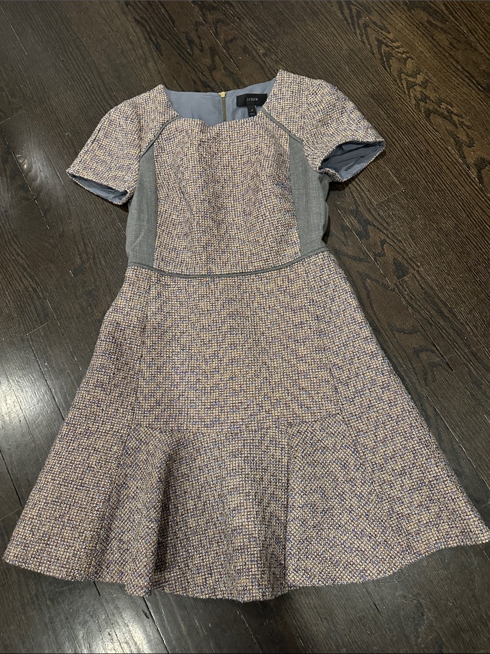 J. Crew Purple and Gold Tweed Sheath Dress with Gold Zip